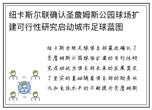 纽卡斯尔联确认圣詹姆斯公园球场扩建可行性研究启动城市足球蓝图